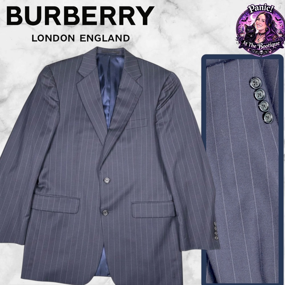 Burberry Designer Blazer Suit Jacket Mens 38R Wool Navy Pinstripe Kensington Vtg